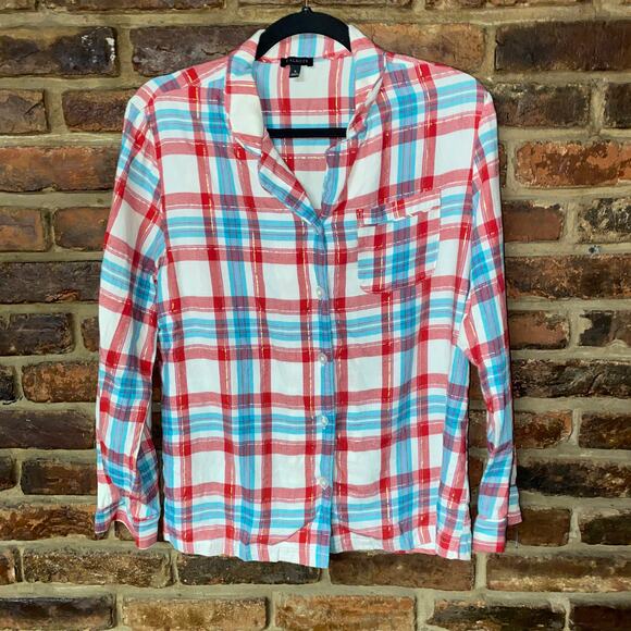 Talbots White Blue Red Metallic Plaid Long Sleeve Button Down Shirt Size Small - Picture 1 of 6